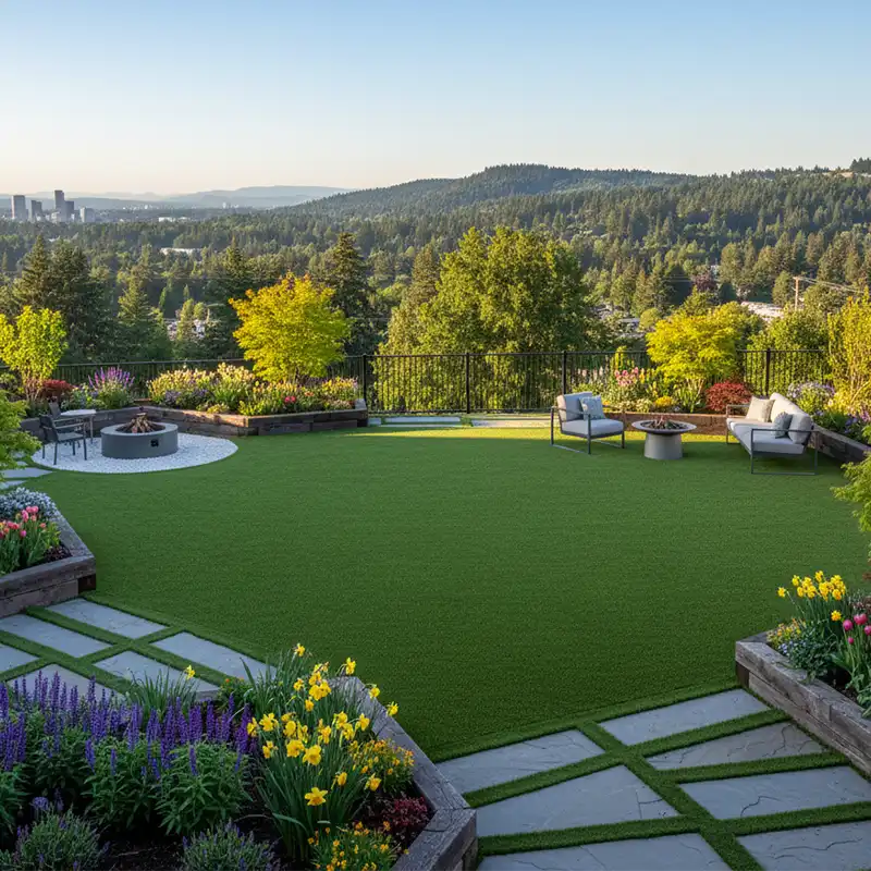 A beautiful artificial turf backyard design in the foothills of Portland