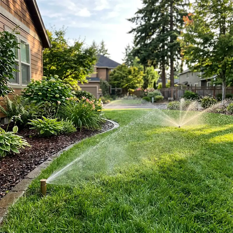 Automatic sprinkler system watering a residential lawn in Portland, Oregon