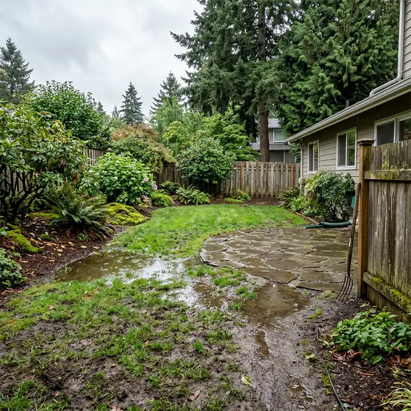 Evaluating drainage and grading issues in a Portland Oregon backyard after rainfall