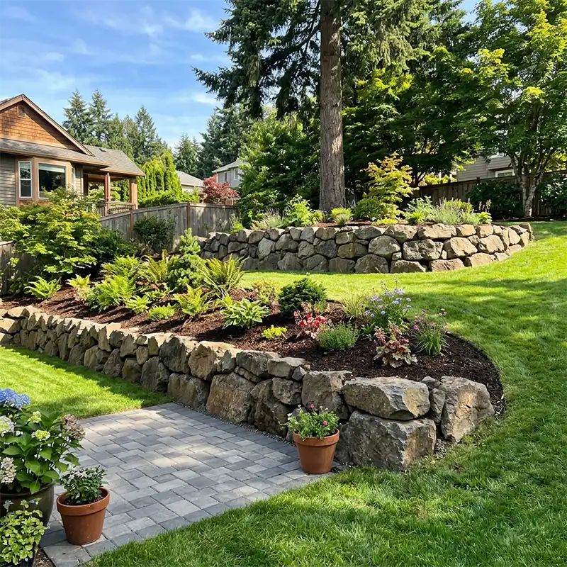 Boulder retaining wall installation by landscaper Portland Oregon