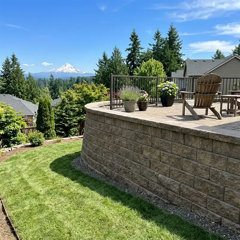 Concrete block retaining wall installation by landscaper Portland Oregon