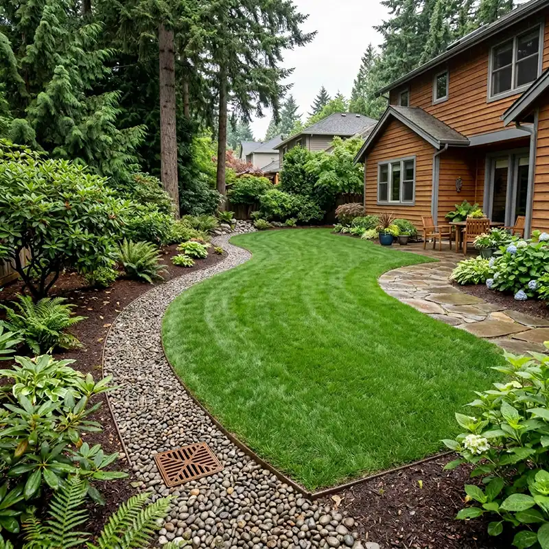 French drain installed in a wet Portland backyard lawn to improve drainage and reduce standing water