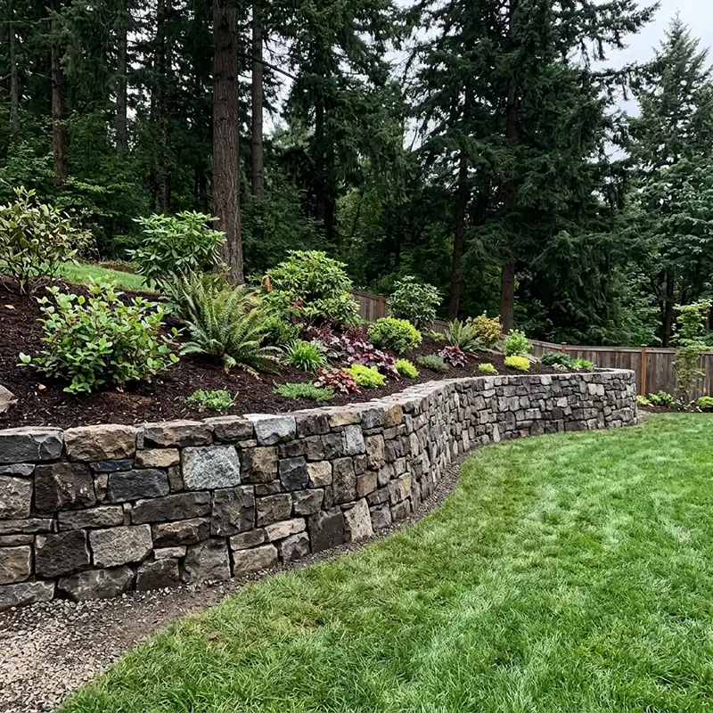 Natural stone retaining wall installation by landscaper Portland Oregon