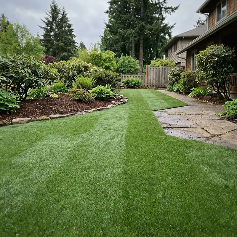 Fresh perennial ryegrass sod installation on a Portland, Oregon residential lawn