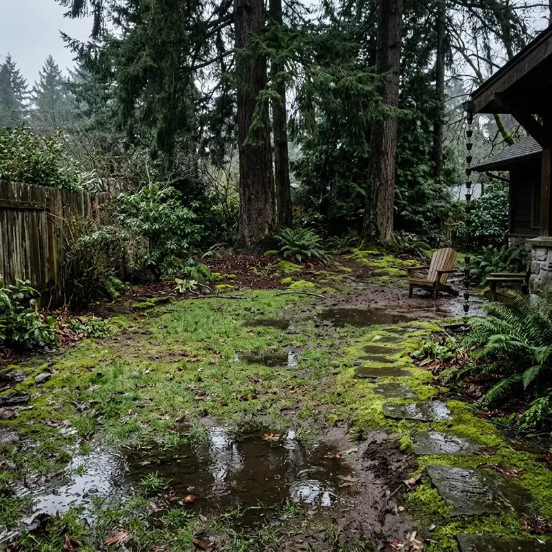 Standing water and moss on a Portland Oregon backyard lawn after heavy rain