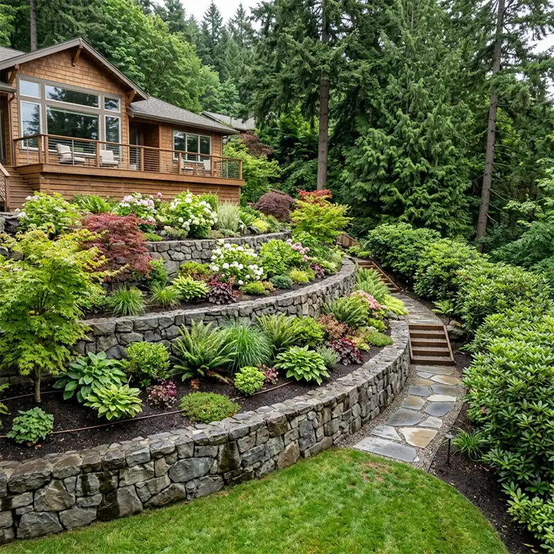 Raised garden beds built into a retaining wall on a sloped Portland Oregon backyard