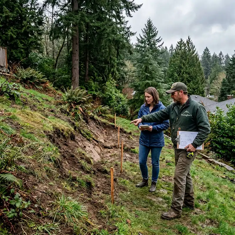 Evaluating slope and drainage in a Portland backyard before installing a retaining wall