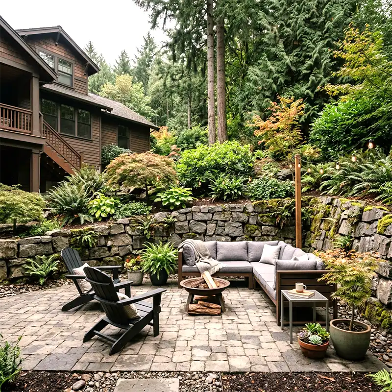 Retaining wall supporting a level patio area in a sloped Portland Oregon backyard