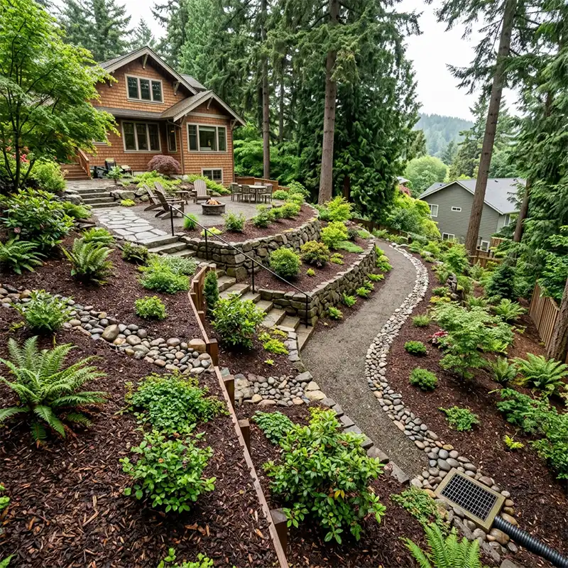 Slope drainage and erosion control improvements in a Portland backyard with grading and stabilized landscaping