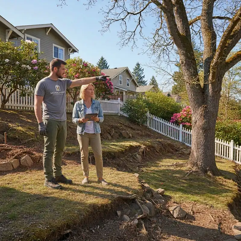 A Portland, Oregon landscaper consults on a sloped back yard project.