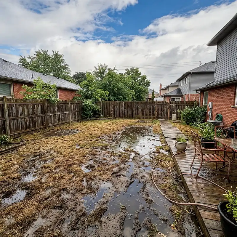 Soggy muddy backyard with standing water in Portland Oregon