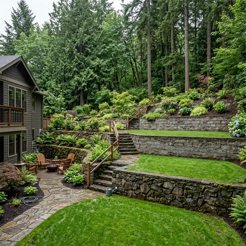 Retaining wall terraces creating level yard space on a sloped Portland Oregon backyard